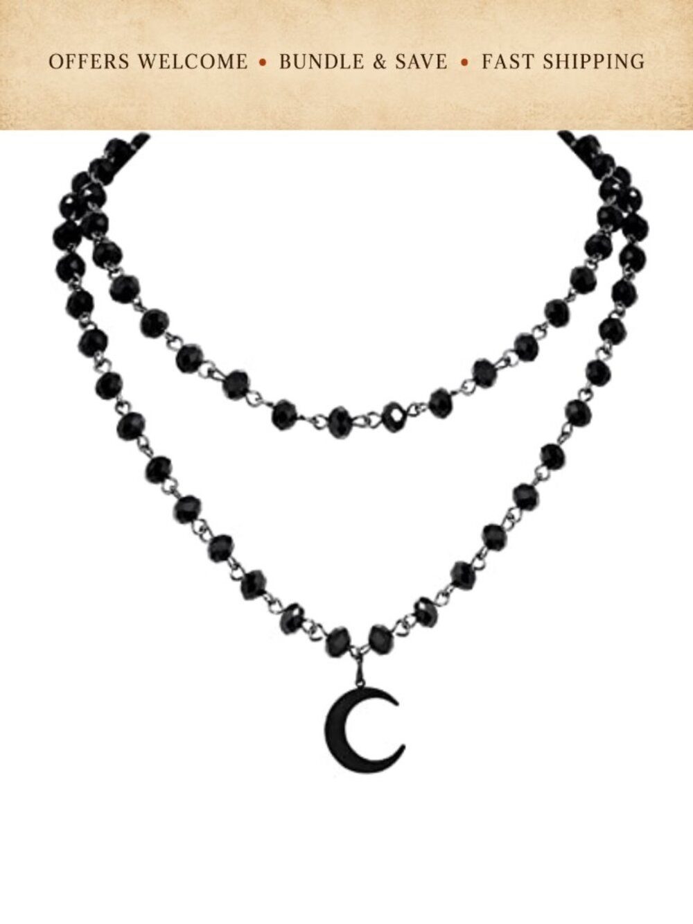 Layered Black Beaded Moon Choker Necklace Copper Black Onyx Gothic Y2K Grunge